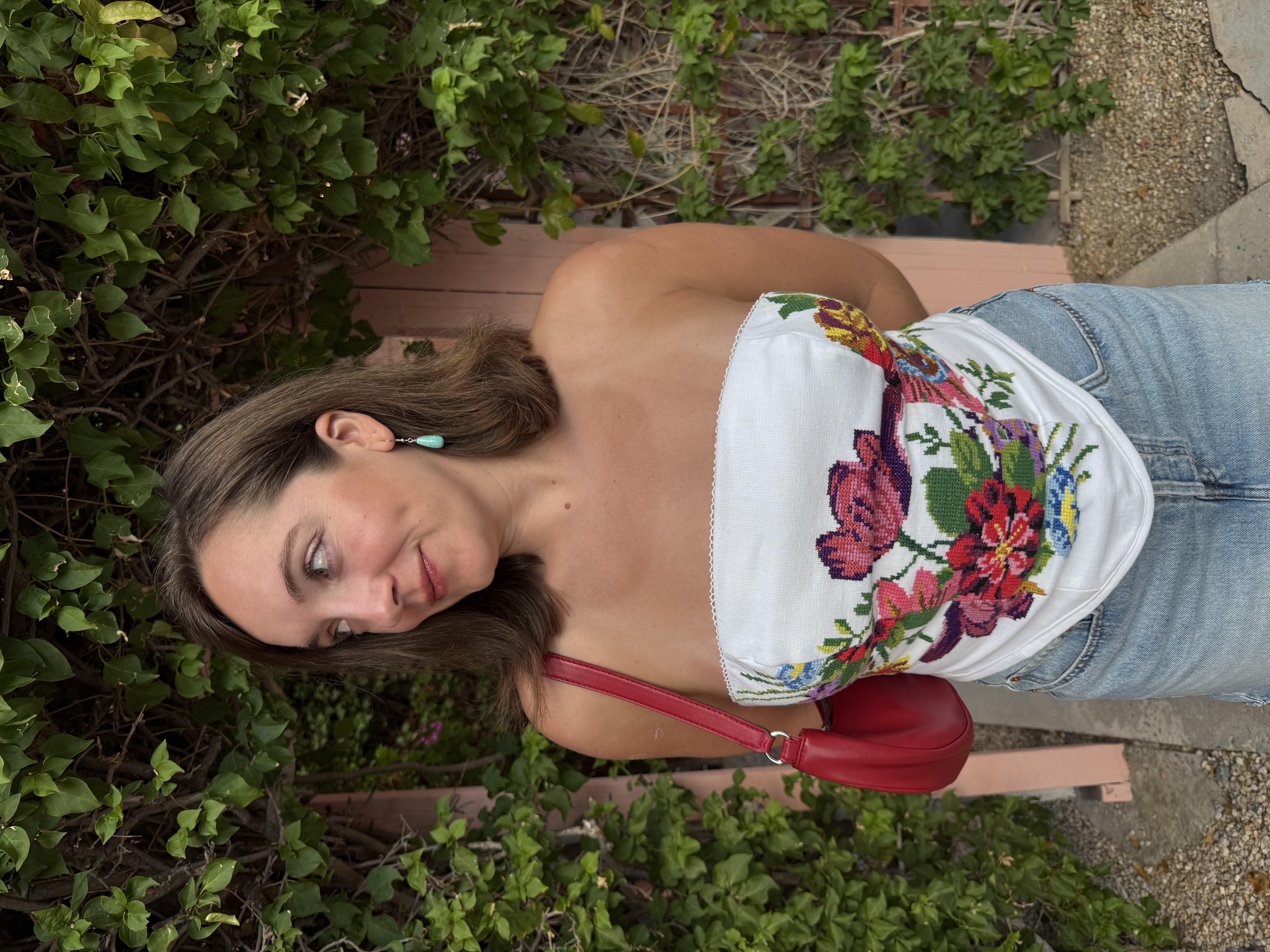 Close up of Emily wearing the finished corset top